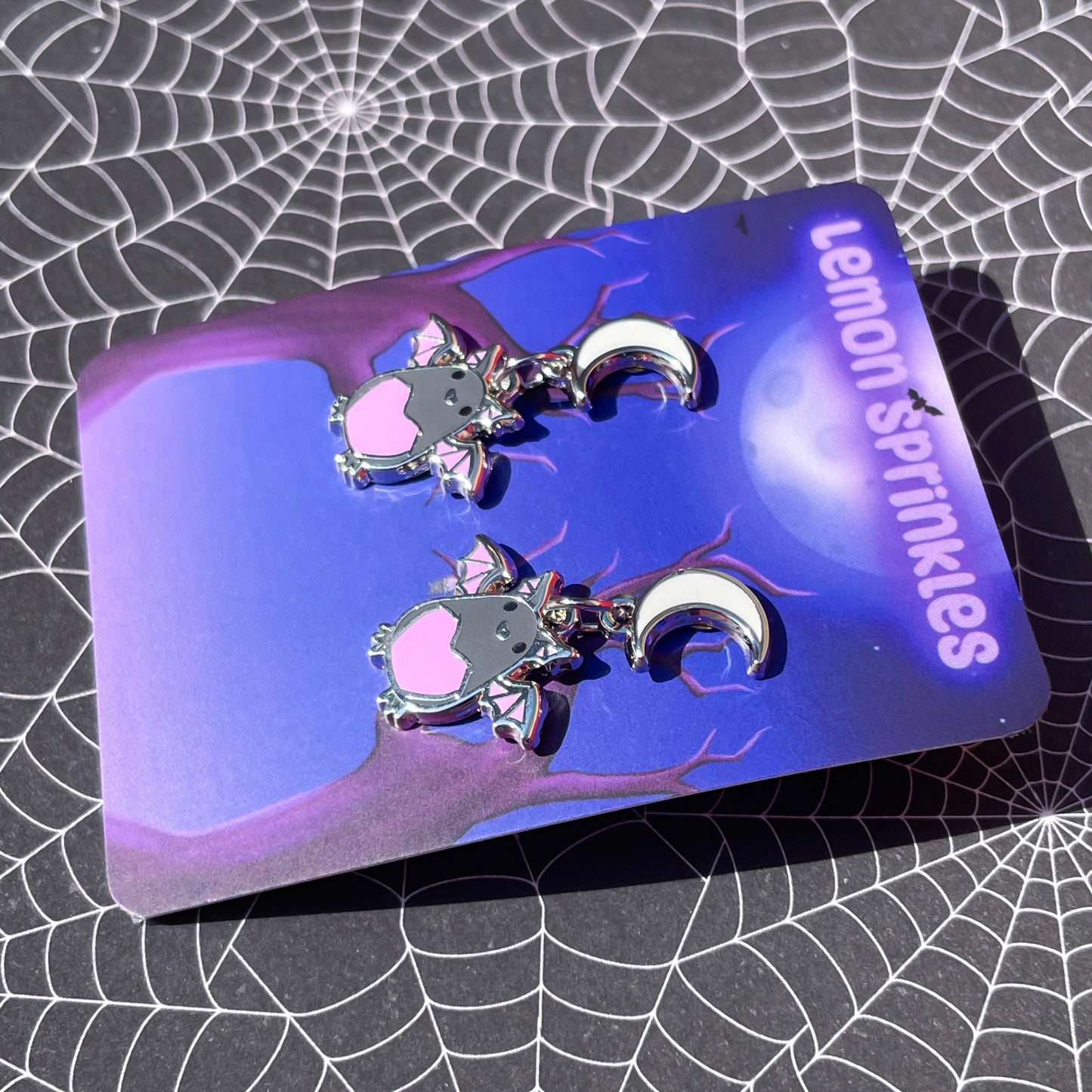 Bat and Moon Stud Dangle Earrings