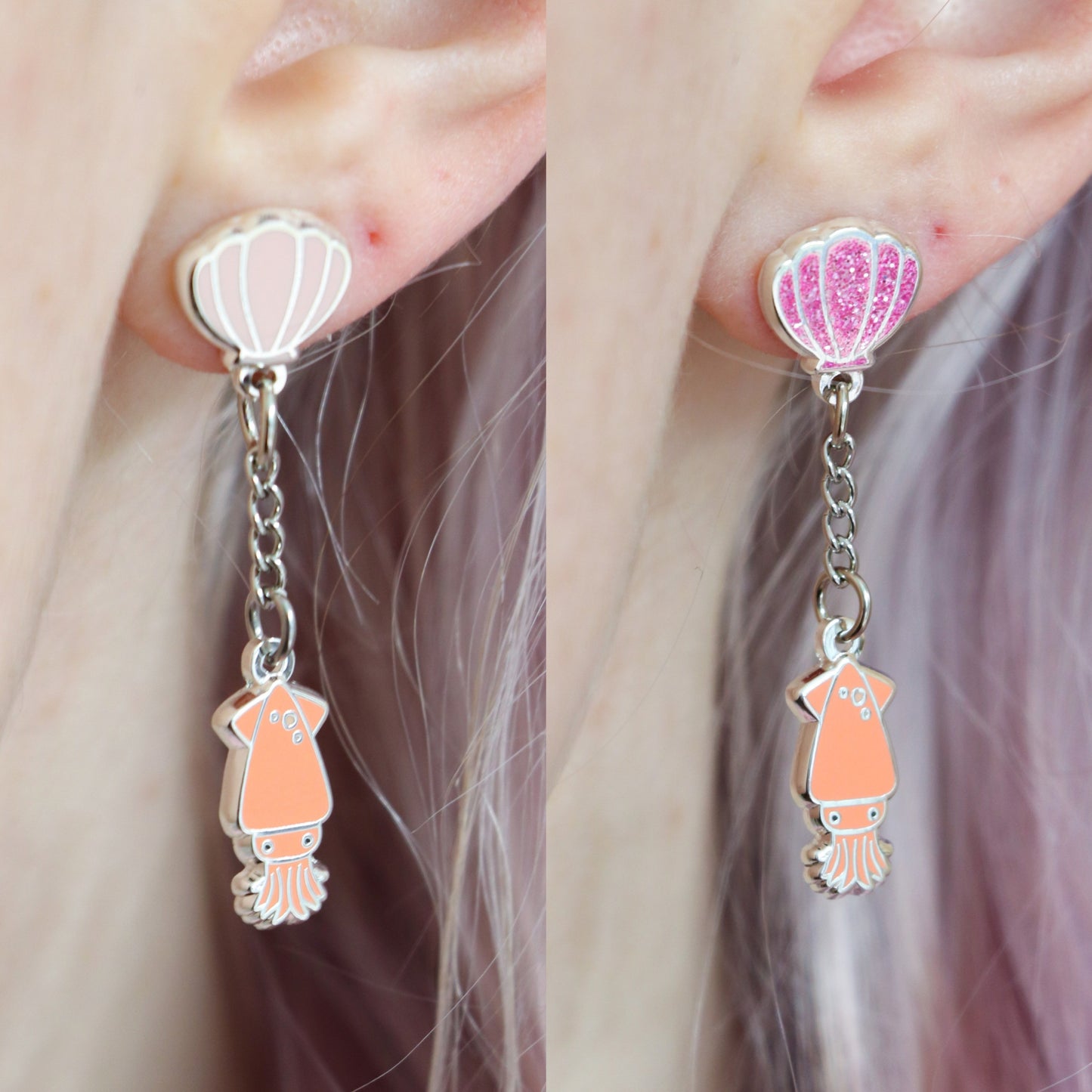 Squid and Shell Stud Dangle Earrings